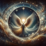 A celestial and deeply symbolic depiction of the name Ângelo, representing its Greek origin and spiritual meaning. The image should embody the concept