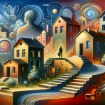 A contemplative and symbolic depiction of the psychological meaning of dreaming about moving to a new house. The scene is set in a surreal, metaphoric