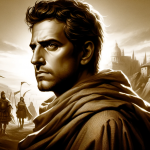 A dignified and historical scene representing the name ‘Jaime’. The focus is on a strong and determined figure, symbolizing the meaning ‘one who comes