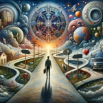 A dreamlike and surreal representation of exploring the meaning of dreams about change, set in a metaphorical landscape. The scene includes symbolic e
