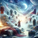 A dreamlike and symbolic scene representing ‘Weaving Dreams The Symbolism of Dreaming About New Clothes’. The image should depict a person in a surre