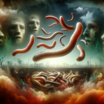 A haunting and symbolic representation of a dream about worms, symbolizing decay, internal conflict, and the need for healing. The scene should be vis