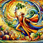 A lively and cultural scene representing the name ‘Denis’. The focus is on a vibrant and joyful figure, symbolizing the spirit of Dionysius, the Greek
