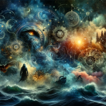 A mysterious and profound visual representation of the name Adrian, embodying its meanings of ‘Mar e Mistério’ (Sea and Mystery). The image should cre