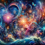 A mystical and enchanting visual representation of the name Coraline, embodying its meanings of ‘Encanto e Mistério’ (Charm and Mystery). The image sh