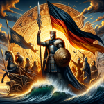 A powerful and wise scene representing the name ‘Conrado’, inspired by its Germanic origins and meaning. The image should capture elements of courage,