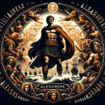 A representation of the meaning and cultural significance of the name Alexandre. The image should depict a heroic, ancient Greek figure, symbolizing
