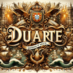 A rich and historical illustration representing the name Duarte, highlighting its Portuguese origins and the meaning of ‘guardian of wealth’. The imag