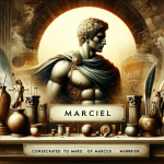A sophisticated and distinctive scene representing the name ‘Marciel’. The focus is on a strong and noble figure, symbolizing the meanings ‘consecrate