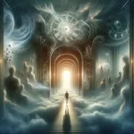 A surreal and symbolic representation of exploring the mysteries of dreams about death. The image shows a person standing at the entrance of a mysteri
