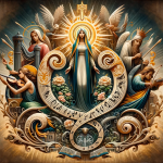 A symbolic and artistic representation of the meaning of the name Maria Cecília, emphasizing its traditional roots and connection to faith and music.