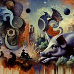 A symbolic and contemplative representation of the theme ‘Reflexões Oníricas Desvendando o Sonho do Porco Morto’. The image features a surreal and me