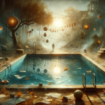A symbolic and introspective image representing the concept of dreaming about a dirty pool. The scene should depict a neglected or murky swimming pool