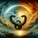 A symbolic and thought-provoking depiction of a dream featuring two snakes, representing duality, conflict, and balance. The scene should be visually