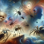 A symbolic representation of ‘Entre Teias e Medos Desvendando Sonhos com Aranhas Atacando’. The image features a surreal, dreamlike landscape where v