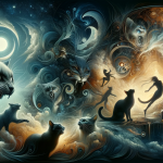 A symbolic representation of the theme ‘Desvendando o Sonho O Significado Oculto de Gatos Mordendo’. The image features a dreamlike, surreal environm