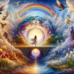 A visual interpretation focusing on the meanings associated with the name Íris, without using the name itself. The scene should embody the concept of