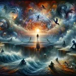 A visual representation of the concept ‘Navigating the Waters of the Unconscious Understanding Dreams of Infidelity’. The scene depicts a surreal and