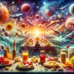 A visual representation of the concept ‘Savoring Dreams The Depth of Dreaming about Eating’. The scene is a surreal, dreamlike depiction of a dining