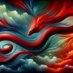 A visually striking and symbolic representation of dreaming about a red snake, encapsulating the themes of passion, danger, and transformation. This i
