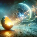 A vivid and contemplative representation of dreaming about a broken egg, symbolizing themes of fragility, loss, potential for renewal, and the cycle o