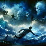 An image depicting a person submerged in turbulent, deep blue water, symbolizing the intense experience of dreaming about drowning. The water is tumul