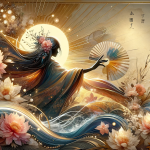 Create an artistic image representing the meaning of the name Akemi. The artwork should visually convey the themes of brightness and beauty, as the na