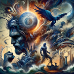 Create an artistic image representing the meaning of the name Caim. The artwork should visually convey the themes of strength, potential conflict, and