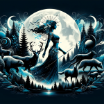 Create an artistic image representing the meaning of the name Diana. The artwork should visually convey the themes of divinity and hunting, as the nam