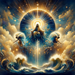 Create an artistic image representing the meaning of the name João Lucas. The artwork should visually convey the combination of the themes of grace (f
