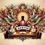 Create an artistic image representing the meaning of the name Santos. The artwork should visually convey the connotations of holi