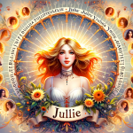 Create an image that captures the charm and timelessness of the name Julie. The central focus should be a youthful, vibrant figure, symbolizing the me