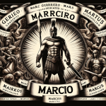 Create an image that captures the essence and prestige of the name Márcio. The central focus should be a figure representing a warrior or a persona de