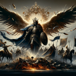 Create an image that captures the essence of the name ‘Derick’, rooted in its Germanic origin and meaning ‘ruler of the people’ or ‘powerful ruler’. T