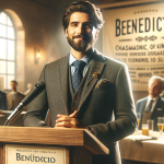 Create an image that visually represents the meaning of the name Benício. The scene should depict a charismatic, kind man exuding positivity and eloqu