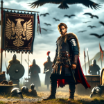 Create an image that visually represents the meaning of the name Luiz. The scene should depict a glorious warrior or a famous battle leader, reflectin