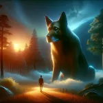 Envision a dream-like and symbolic landscape where a person stands at the edge of a mystical forest, facing a gentle giant dog that symbolizes protect