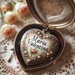 Maria Valentina – An image for a blog article that embodies the name ‘Maria Valentina’. It features a heart-shaped locket open against a backdrop of a vintage lace tabl