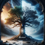 Samael – An image that captures the complex essence of the name ‘Samael’. In the artwork, there is a balance between light and shadow to represent the dualisti