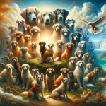 This image portrays the symbolic and psychological journey of dreaming about multiple dogs, set in a scene that blends the essence of companionship, p