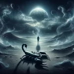 Visualize a dark and mysterious landscape where the night envelops a solitary figure standing in the heart of a barren desert. The moon casts a dim, s