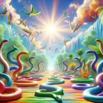 Visualize a vibrant and colorful scene where multiple large snakes appear not as threats, but as symbols of transformation and healing within a dreaml
