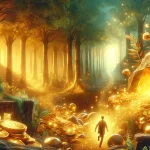 a captivating and symbolic scene of discovering gold in a dream, set in an enchanting landscape that blends reality with the surreal. The sc