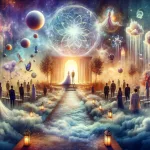 a dreamlike and symbolic wedding scene set in an ethereal landscape, where the boundaries between reality and dream blur. At the heart of this