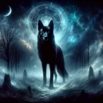 a mysterious and symbolic scene featuring a black dog as a central figure, embodying both guardian and guide aspects, set against a night ba