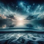 a serene and evocative scene that captures the essence of dreaming about the sea, set against a backdrop that reflects the vast and mysterio