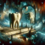 a symbolic and introspective scene where the concept of a decaying tooth is represented in a dreamlike and abstract environment. This scene