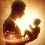 a tender and symbolic scene where an individual, represented in a generic manner, is holding a baby in their arms, surrounded by a warm and