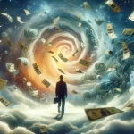 a vivid and symbolic scene where an individual, represented in a generic manner, is surrounded by swirling paper money in a dreamlike and su