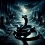 delves into the enigmatic and somewhat ominous world of dreaming about a black snake, set in a dark, mysterious landscape that p